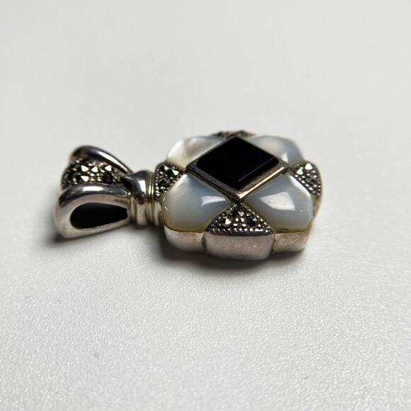 NF 925 Sterling Silver Onyx Mother of Pearl Marcasite Pendant - Picture 7 of 12